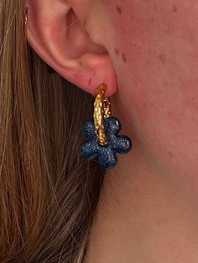 Pampilles Fleur - Bleu pailleté (sans créoles)